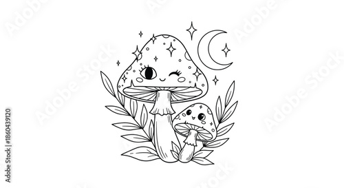 A cute and whimsical coloring page of two winking cartoon mushrooms with a crescent moon and stars in the background.