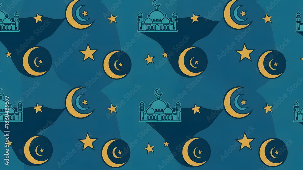 Obraz premium Vibrant Ramadan pattern with crescent moons and mosques