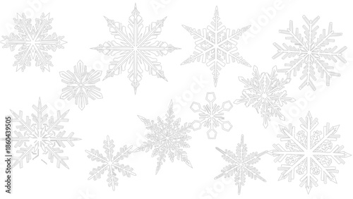 Collection of ten intricate black and white snowflake outlines perfect for winter crafts and design projects