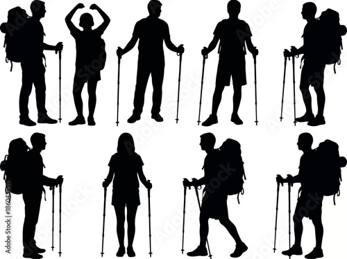 Silhouettes of hikers with trekking poles isolated on white background, Vector, illustration
