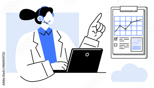 Customer service, data analysis, virtual communication, performance tracking, online consultation, business insights. Professional with headset using a laptop, pointing at a chart. Customer service
