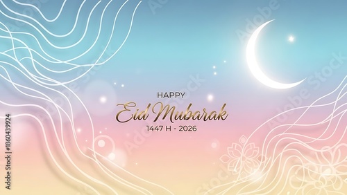 Happy Eid Mubarak Crescent Moon and Abstract Background.