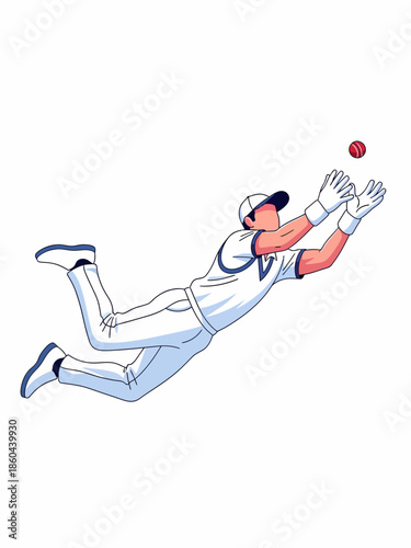 Athletic cricket player diving for a spectacular catch