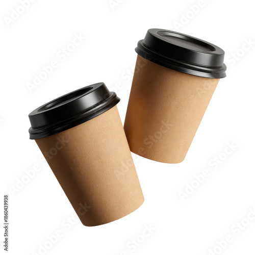 Two coffee cups with lids on top of each other, isolated on a transparent background