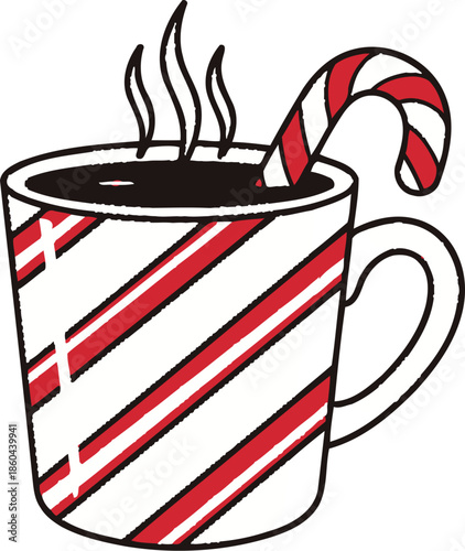 Cute cartoon illustration of a steaming mug of hot chocolate with a peppermint candy cane stirrer