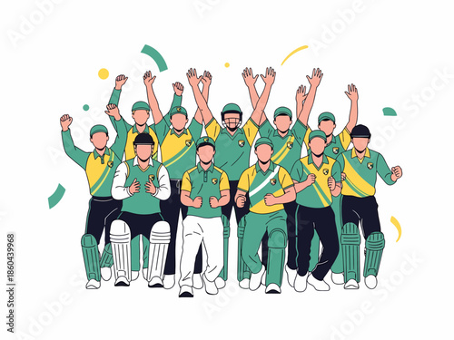 Cricket team celebrating victory with raised arms