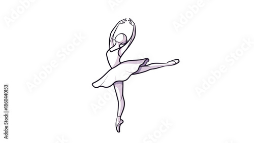 Delicate line art outline of a ballerina in a graceful dance pose on an isolated white background.