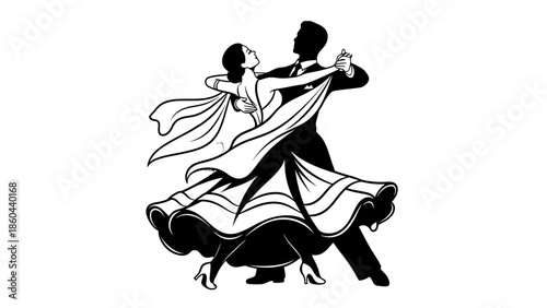 Passionate silhouette of a couple ballroom dancing with dramatic flowing dresses and dynamic poses on an isolated white background.