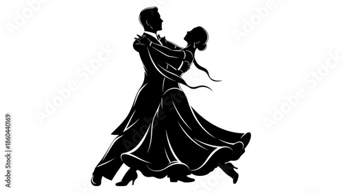 Sophisticated silhouette of a couple ballroom dancing in a close, elegant embrace on an isolated white background.