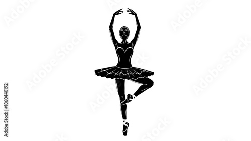 Poised ballerina silhouette in a graceful dance pose with raised arms and classic tutu on an isolated white background.