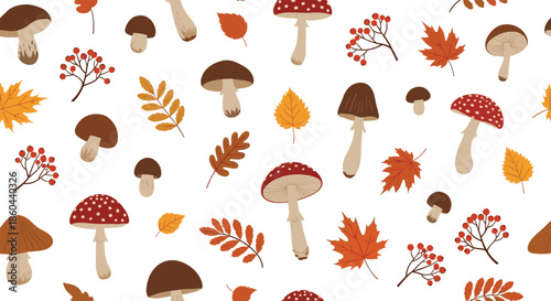 Beautiful seamless pattern featuring various forest mushrooms and colorful autumn leaves including maple and oak on a white background.