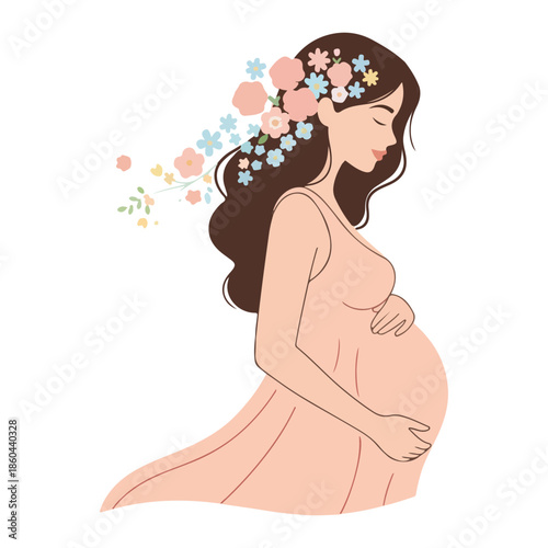 A serene illustration of a pregnant woman adorned with a floral crown