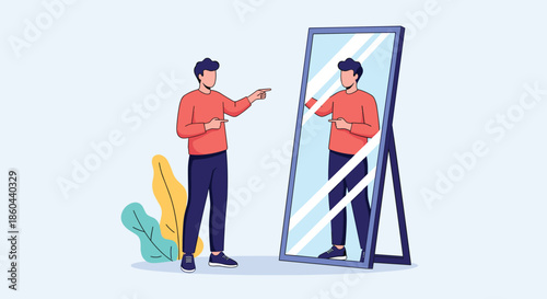 Young man standing in front of a full-length mirror looking at his reflection and checking his appearance with style and confidence.