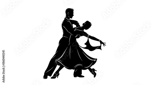 Passionate Ballroom Dance Couple Embracing and Dancing Silhouette on an Isolated White Background