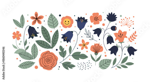 Beautiful horizontal botanical arrangement featuring various wildflowers, roses, and bluebells with green leaves in a soft palette.