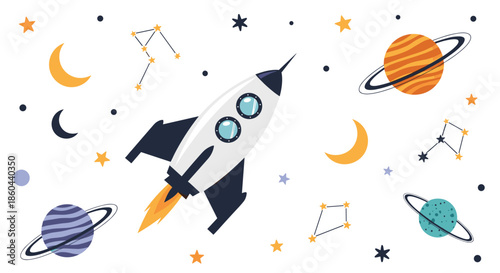 Vibrant space adventure illustration with a flying rocket ship among planets, stars, crescents, and constellations on white background.