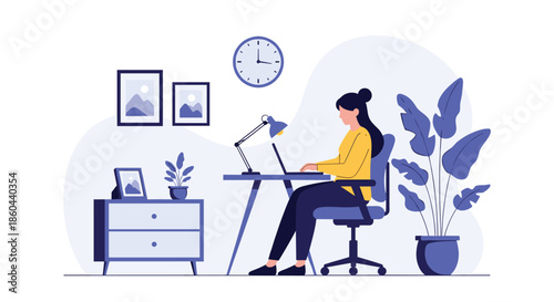 Professional woman working from home on a laptop at a neat desk with a lamp, clock, and houseplants in a modern flat design style.