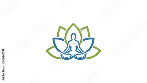 Stylized Yoga Meditation Lotus Flower Logo in Green and Blue on an Isolated White Background