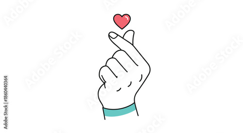 Minimalist drawing of a hand performing the Korean finger heart gesture with a small red heart symbol against a white background.