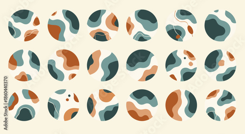 Collection of eighteen circular social media highlight covers featuring abstract organic shapes in earthy teal and terracotta tones.