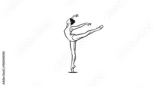Graceful Ballerina Outline Dancing and Balancing in Classical Pose on Isolated White Background