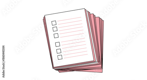 Stack of pink and white paper sheets featuring a checklist with empty boxes for organizing tasks, goals, or to-do lists efficiently.