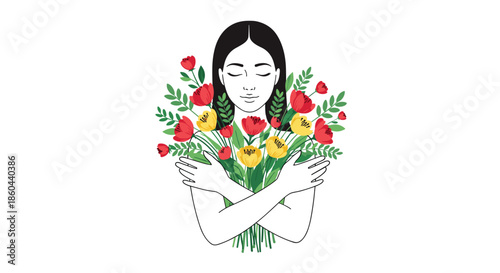Peaceful woman with closed eyes holding a large bouquet of colorful flowers to her chest in a gesture of self-care and appreciation.