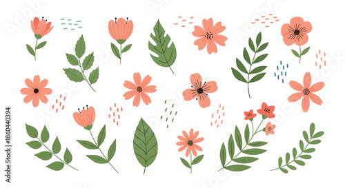 Assorted collection of simple hand-drawn peach flowers and green leaves in various shapes and sizes for botanical design elements.