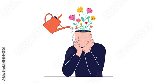 Conceptual illustration of a person with colorful flowers growing from their mind being watered from a can to represent mental growth and self care.