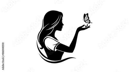 Elegant Woman Silhouette Holding a Delicate Butterfly in Profile View on Isolated White Background