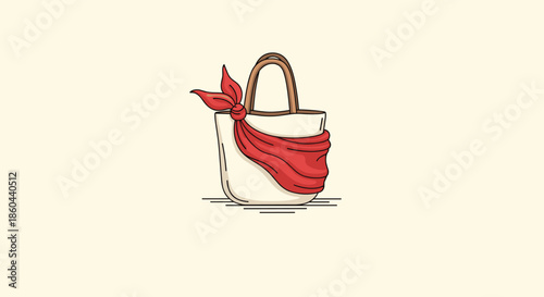 Stylish white canvas tote bag decorated with a vibrant red scarf tied to the handle in a clean and simple product illustration style.