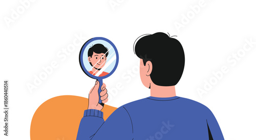 Young man holding a blue hand mirror and looking at his smiling reflection with a sense of pride and self-assurance on white background.