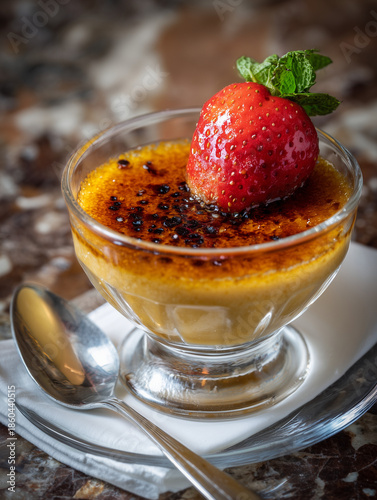 Creamy dessert with caramelized sugar and fresh strawberry garnish  
