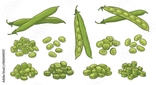 Set of green vegetables including whole and sliced pea pods, loose peas, and cut green beans in a realistic flat illustration style.