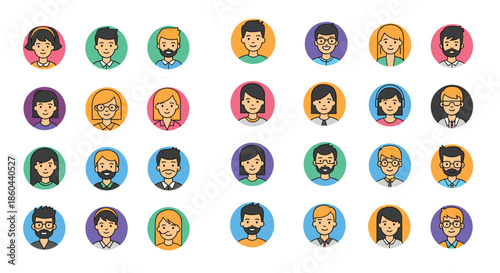 Set of diverse people avatars with various hairstyles and accessories in colorful circular backgrounds for social media profiles and user icons.