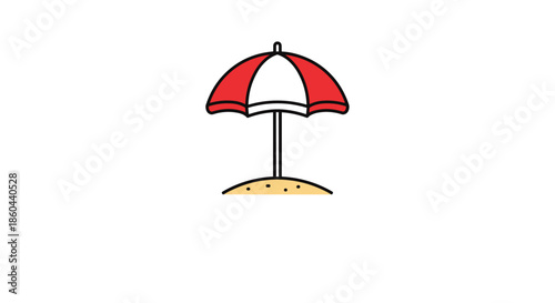 Simple vector illustration of a red and white striped beach umbrella standing on a small patch of golden sand for summer holiday themes.