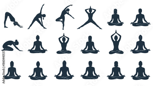 Collection of Women Practicing Yoga Poses and Meditation, Isolated White Background