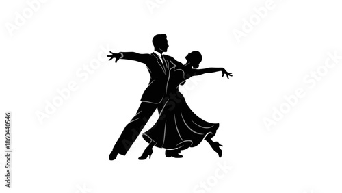 Elegant Couple Silhouette Performing a Romantic Ballroom Dance, Isolated White Background