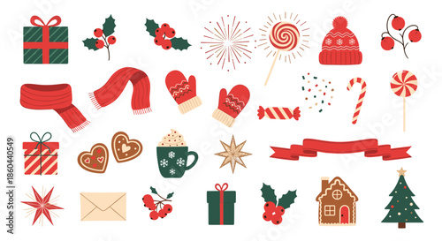 Cute Christmas and winter holiday icon collection featuring gifts, sweets, cozy accessories, and festive decorations for greeting card design.