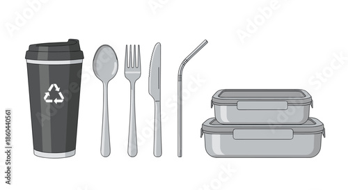 Set of eco friendly reusable food containers, stainless steel cutlery, a straw, and a coffee cup for zero waste and sustainable living concepts.