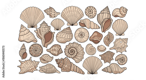 Detailed hand drawn collection of various sea shells and marine snails in different shapes and sizes for coastal decor and ocean themed projects.