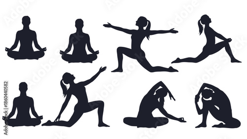 Collection of Women Practicing Diverse Yoga Poses and Stretches, Isolated White Background