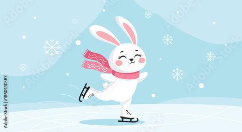 Adorable white rabbit character wearing a pink scarf and ice skating on a frozen winter lake with snowflakes falling for seasonal holiday cards.