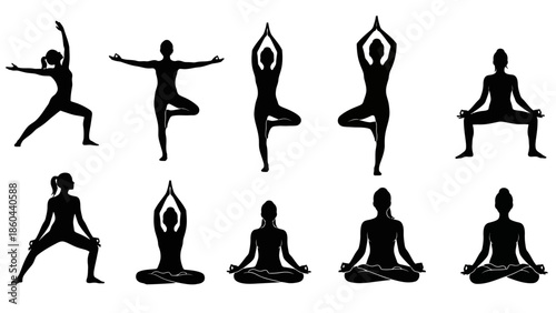 Diverse Women Practicing Yoga Poses and Meditation, Isolated White Background