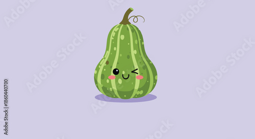 Cute winking green gourd character with a happy expression and pink cheeks on a solid pastel purple background for autumn design.