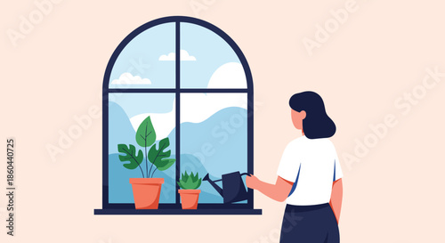 Back view of a woman watering house plants on a window sill with a beautiful mountain landscape view through an arched window.