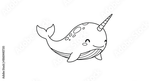 Adorable line art illustration of a happy kawaii narwhal with a spiral tusk and spots on a clean white background.