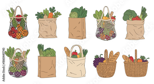 Set of eco friendly grocery bags mesh bags and wicker baskets filled with fresh organic vegetables and bread for sustainable shopping.