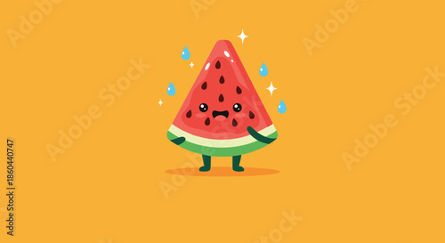 Cute kawaii watermelon slice character with a happy face standing on a vibrant orange background with water droplets.
