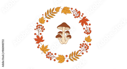 Autumn wreath design made of colorful maple and rowan leaves surrounding a cluster of brown mushrooms in the center.